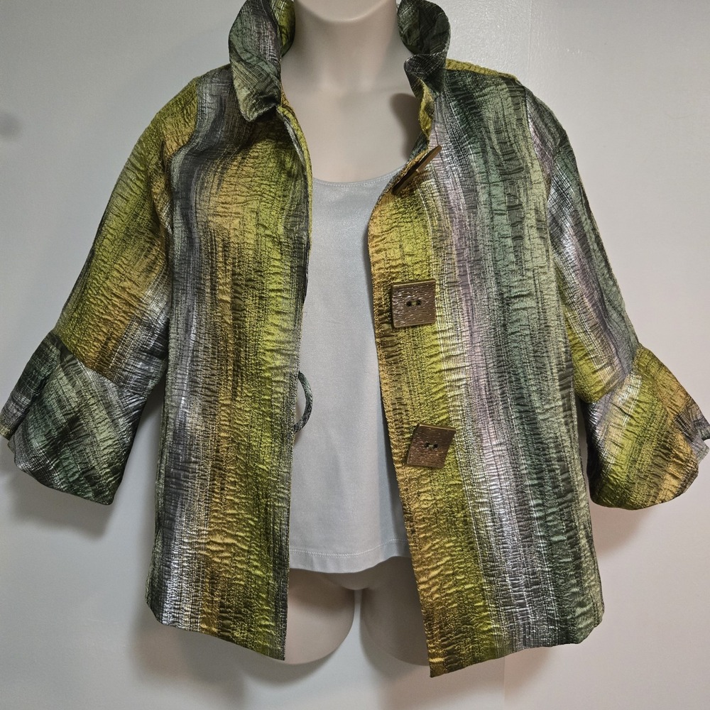 IC Collection Size L Green Gold Silver Textured Metallic Jacket USA Art Buttons
